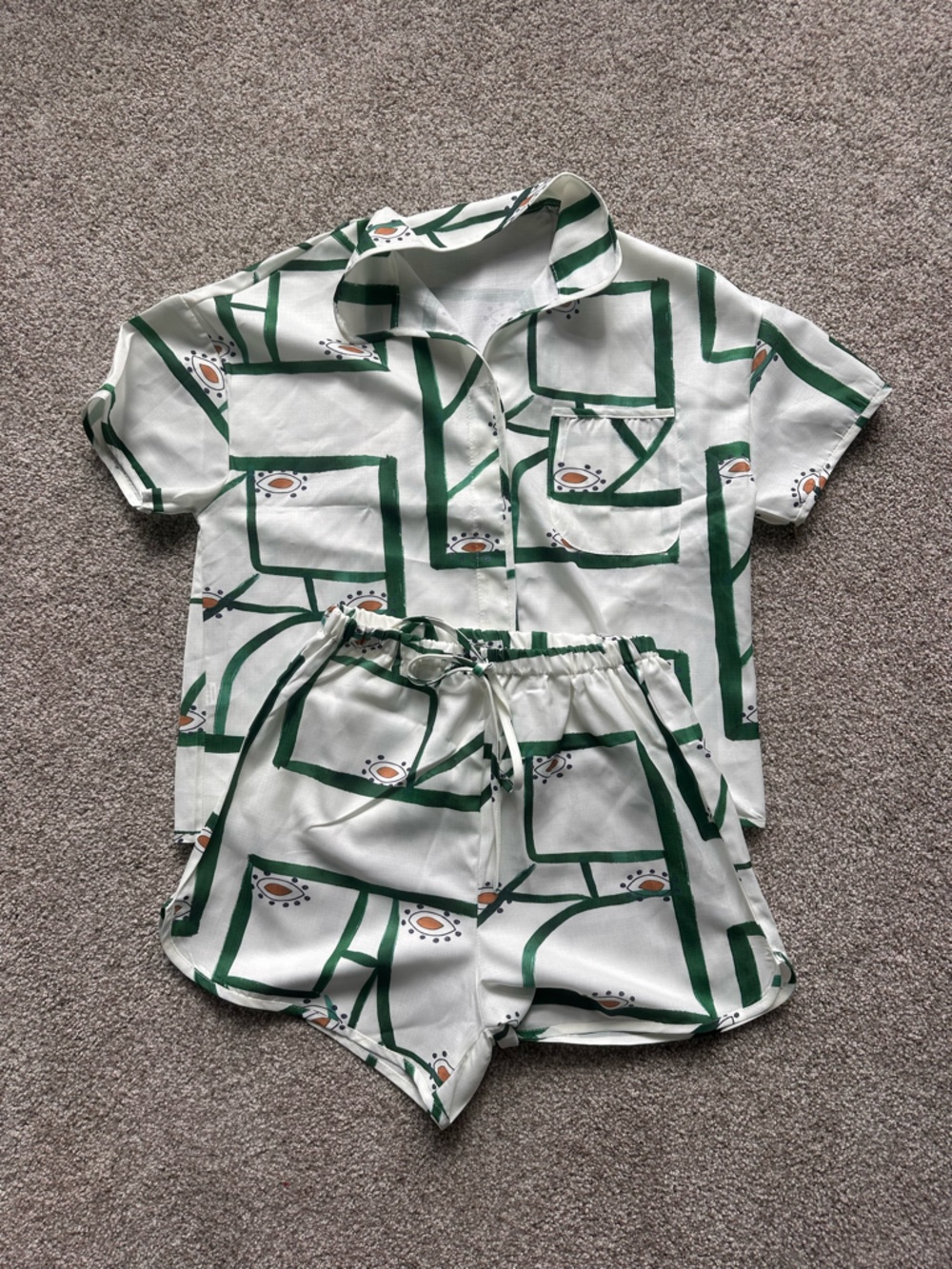 Women’s 2 Piece Green Geometric Print Matching Set Shirt Shorts